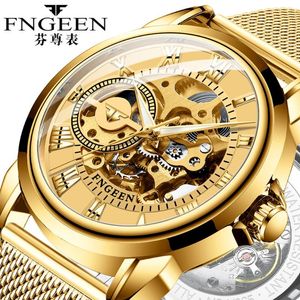 Montres-bracelets 2021 vente FNGEEN montres mécaniques entièrement automatiques pour hommes et femmes acier maille mode squelette Tourbillon montre en or