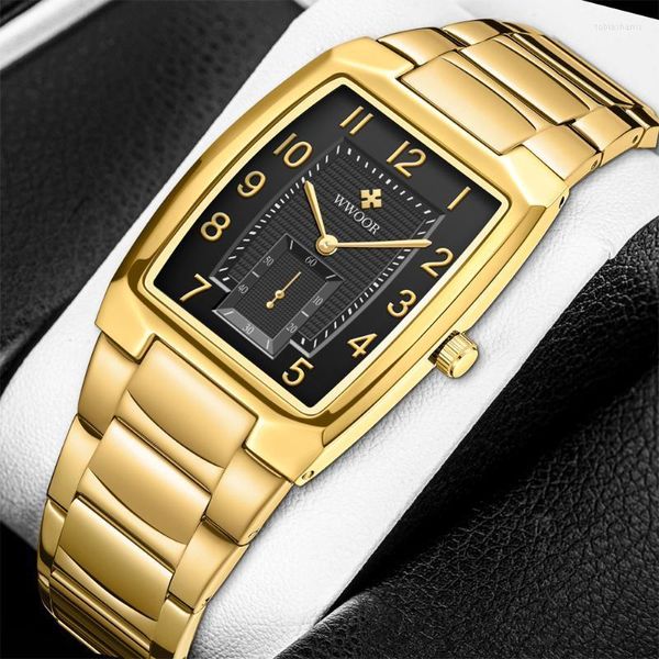 Montres-bracelets 2022 mode WWOOR montres carrées pour hommes montre-bracelet de luxe or noir en acier inoxydable étanche horloge à Quartz Relogio Masculin