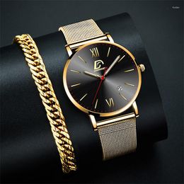 Relojes de pulsera 2022 Relojes para hombre Correa de malla de acero inoxidable de lujo Reloj de pulsera de cuarzo Calendario para hombres Reloj de pulsera de oro luminoso Relogio