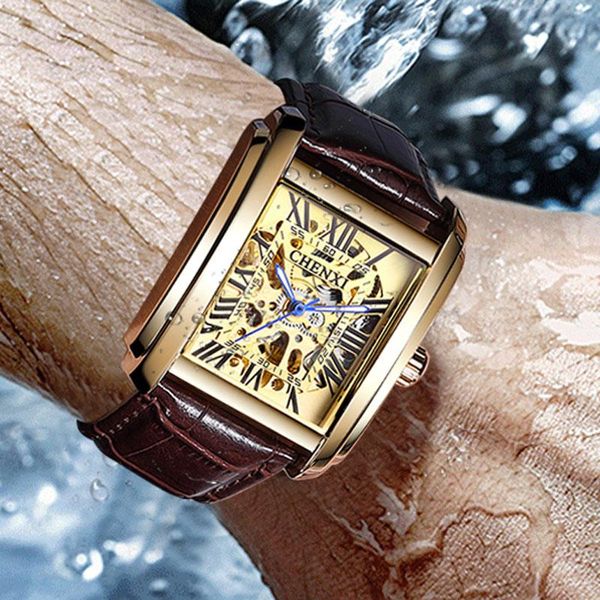 Montres-bracelets 2023 CHENXI Mode Rectangle Montres Hommes Or Squelette Bracelet En Cuir Automatique Mécanique Reloj Hombre