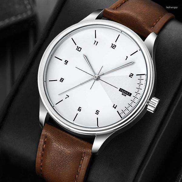 Relojes de pulsera 2023 Moda Casual Reloj de cuarzo para hombres Negocios Marrón Banda de cuero Aleación Dial Reloj Regalos Relogio Masculino