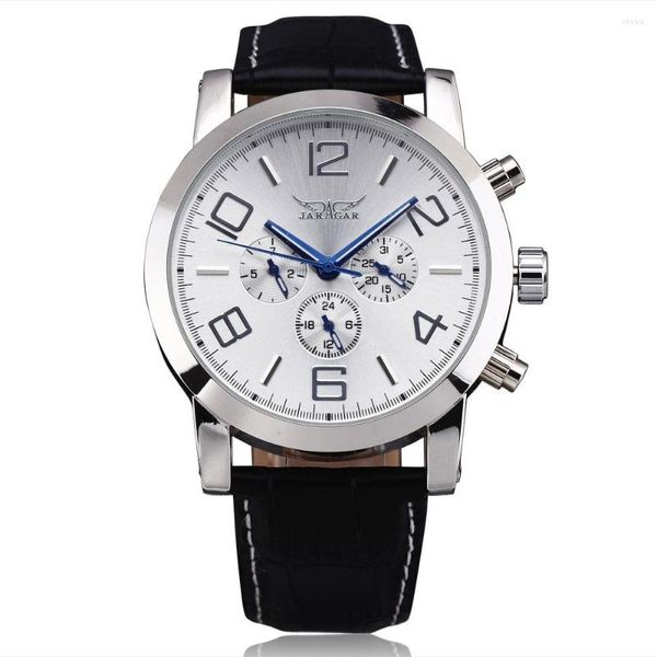 Relojes de pulsera 2023 Moda Jaragar Top Brand Hombres Caja de acero Calendario Hora Semana Dial Cuero Vestido Masculino Automático Mecánico Busines