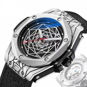 Relojes de pulsera 2023 Reloj mecánico automático de los hombres de moda Correa de cuero Reloj de pulsera de plata para hombre Reloj de escalera giratorio abstracto Desig creativo