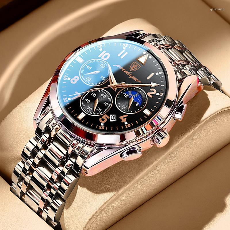 Wristwatches 2023 Fashion POEDAGAR Men Watch Stainless Steel Rose Gold Men's Wristwatch Waterproof Luminous Time Chronograph Watches