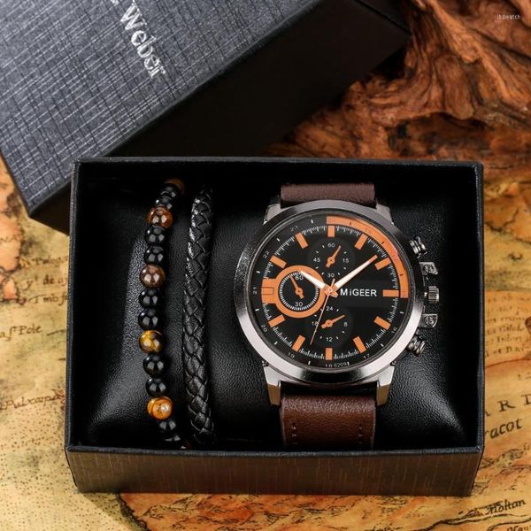 Relojes de pulsera 2023, reloj de cuarzo a la moda para Hombre, pulsera trenzada con cuentas de cuero marrón, conjunto de regalos, caja para hombre, regalos Para marido Para Hombre