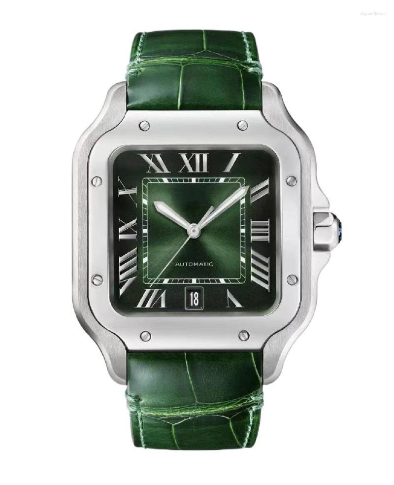 Relógios de pulso 2023 couro verde relógio mecânico automático homens mulheres aço inoxidável azul preto branco roma ouro moldura relógio de pulso