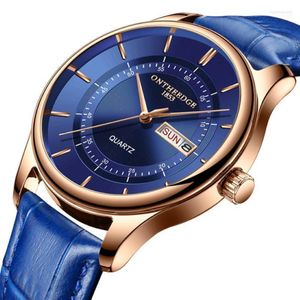 Montre-bracelets 2023 Cuir de haute qualité Blue Quartz Watch Men Affichez les montres imperméables Fashion Auto Date Horloge masculine Relogio Masculino 305H