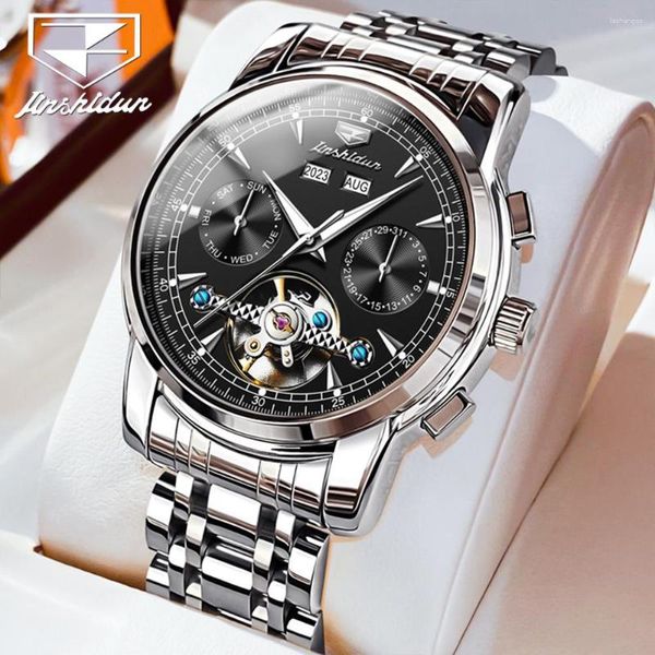 Relojes de pulsera 2023 JSDUN, reloj mecánico automático para hombre, reloj de diseño de volante de esqueleto, reloj de pulsera de acero inoxidable resistente al agua con fecha