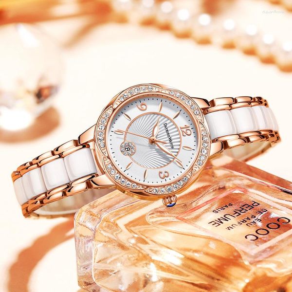 Montres-bracelets 2023 Dames Montre Calendrier Lumineux Étanche Perle Céramique Bracelet En Acier Inoxydable Diamant