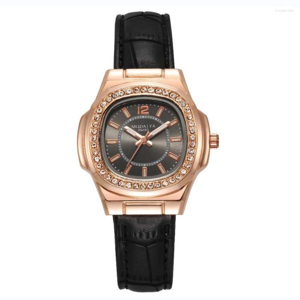Relojes de pulsera 2023 Relojes de vestir con correa de cuero para mujer Reloj de pulsera con diamantes de imitación negros para mujer Relogio Feminino Frete Gratis
