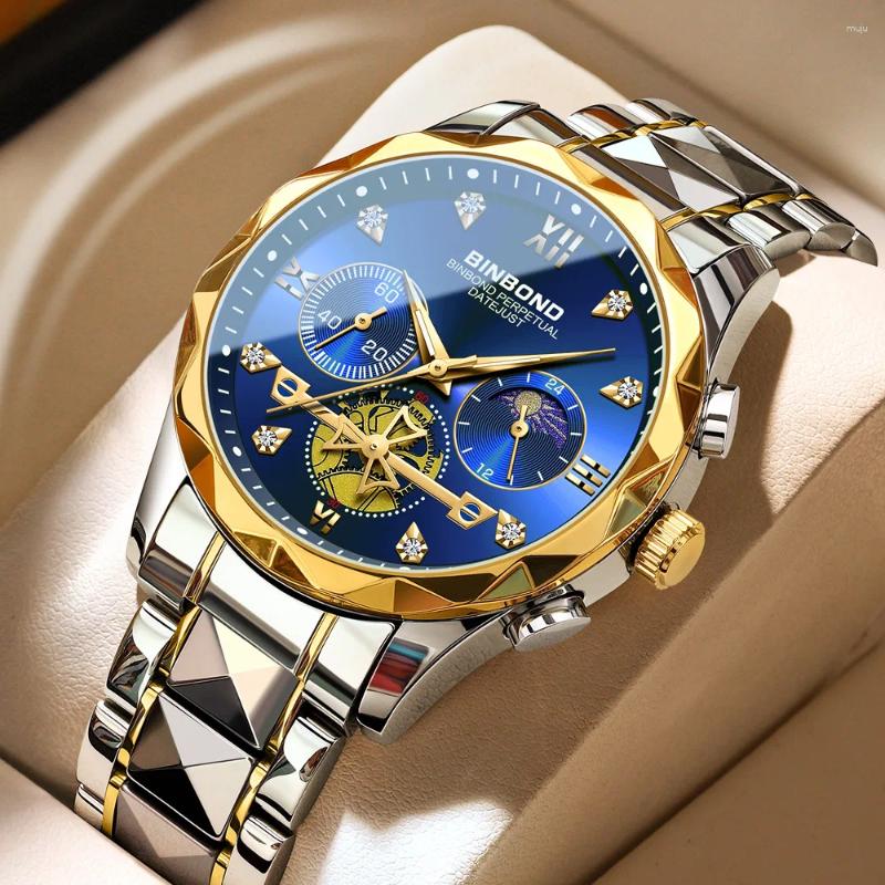 Armbandsur 2023 Luxury Diamond Blue Watch for Men Gold rostfritt stål Vattentät kronograf Lysande datum Business Sport