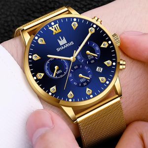 Polshorloges 2023 Luxe goud roestvrijstalen mesh horloges voor mannen militaire kalender kwarts kijken mannelijke mode casual klok relogio masculin