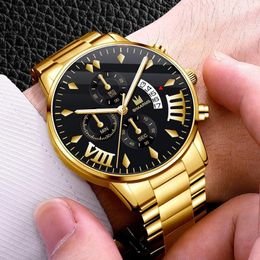 Relojes de pulsera 2023 de lujo para hombre, relojes de moda, reloj de pulsera de cuarzo de acero inoxidable dorado para hombre, reloj de calendario informal de negocios, reloj Masculino