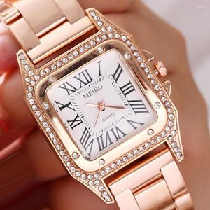 Montres-bracelets 2023 luxe or Rose montres carrées femmes Bling cristal acier inoxydable femmes dames horloge à Quartz