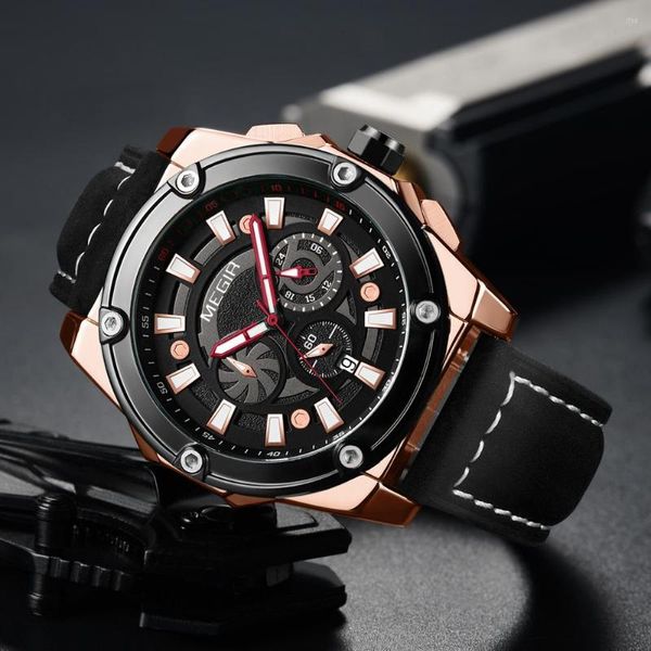 Montres-bracelets 2023 MEGIR hommes montres haut en cuir chronographe Sport montre pour mode Date étanche horloge Reloj Hombre