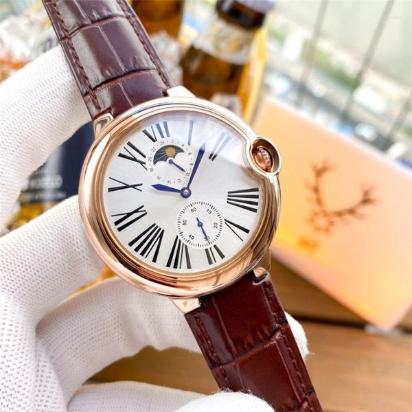 Relojes de pulsera 2023 Top Luxury Luxury Mecánico Mecánico Oro Rosa 24 Horas Fase Luna Dial 42mm Cinturón Clásico Reloj de marca de negocios