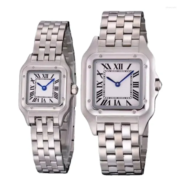 Relojes de pulsera 2023 Cuadrado para mujer Cuadrado Blanco Romano Dial Oro Diamantes Plata Negro Cuero Movimiento de cuarzo Relojes 22 mm 27 mm