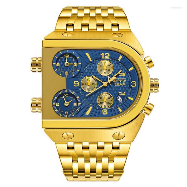 Relojes de pulsera 2023, relojes de cuarzo para hombre, reloj dorado superior, 3 zonas horarias, fecha, correa de acero inoxidable, reloj de pulsera militar de gran tamaño