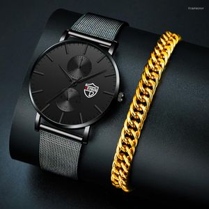 Montres-bracelets 2023 Hommes Montres De Luxe Ultra Mince En Acier Inoxydable Maille Ceinture Quartz Montre Or Bracelets Hommes D'affaires Casual Horloge Reloj