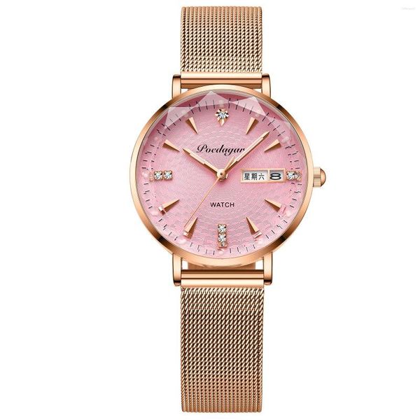 Montres-bracelets 2023 Montres à quartz pour femmes Bande en acier Glow Calendrier Semaine Affichage étanche exquis et fête des filles