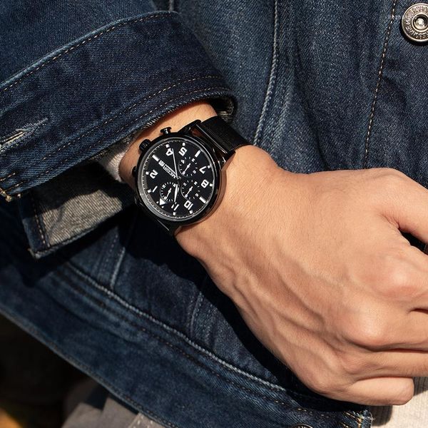 Relojes de pulsera 2023 Relogio Masculino MEGIR, relojes de negocios informales a la moda para hombres, reloj de cuarzo con correa de malla de acero inoxidable para hombres negros