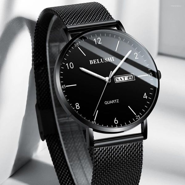 Montres-bracelets 2023 Vente de montre-bracelet en maille d'acier noir Date Semaine Affichage Lumineux Horloge Mâle Simple Heure Ultra Mince Montre À Quartz Pour Hommes