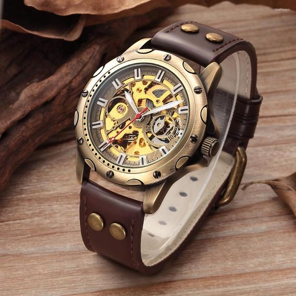 Relojes de pulsera 2023 SHENHUA Reloj Relojes deportivos para hombres Cuero Vintage Bronce Automático Mecánico Esqueleto Hombre Reloj Hombre