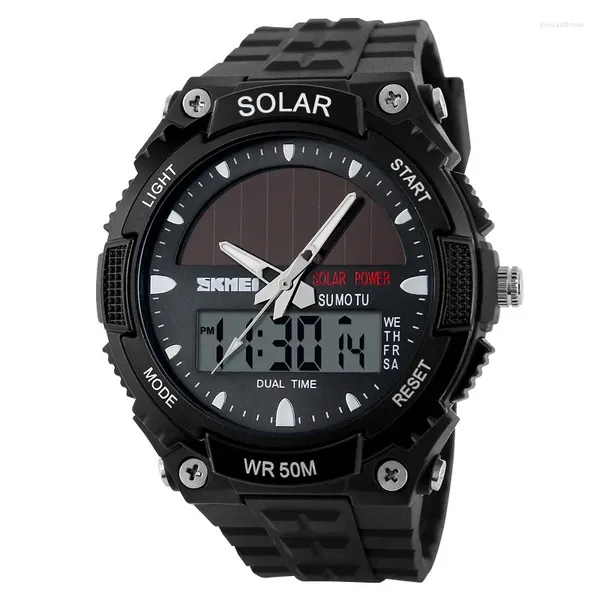 Montres-bracelets 2023 Montre d'énergie solaire SKMEI Marque Hommes Montres de sport 2 fuseaux horaires Digital Quartz Multifonctionnel Robe d'extérieur