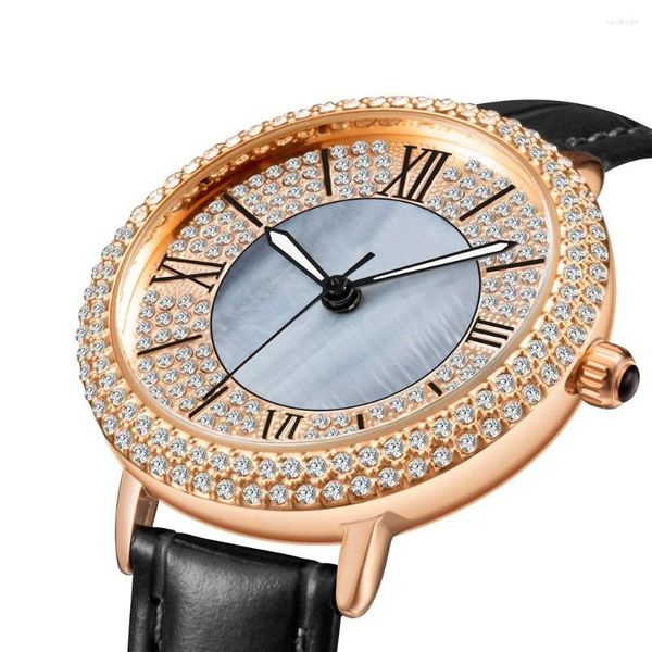 Relojes de pulsera 2023 Mujeres de verano Relojes de marca de diamantes de imitación completos Austria Crystal Diamond Stone Watch Lady Gift Dress Reloj de pulsera de cuero genuino