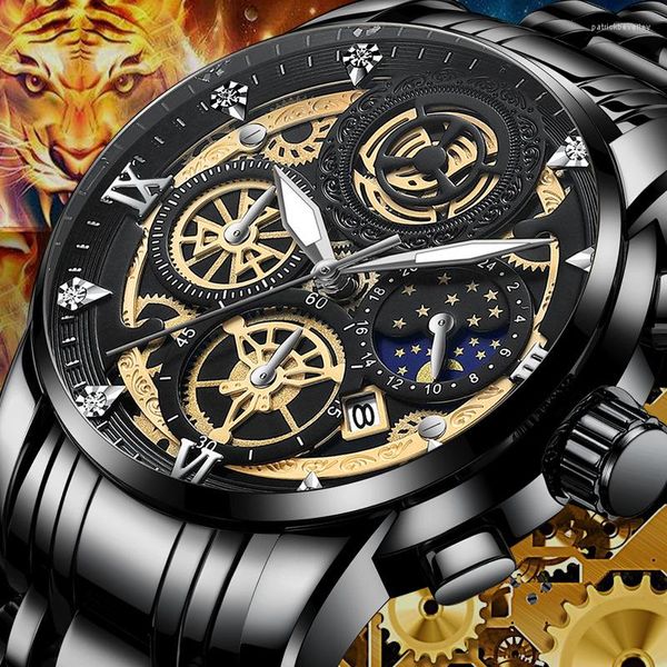 Relojes de pulsera 2023 Sun Moon Star Reloj para hombre Calendario esqueleto No mecánico Tourbillon Cuarzo Impermeable