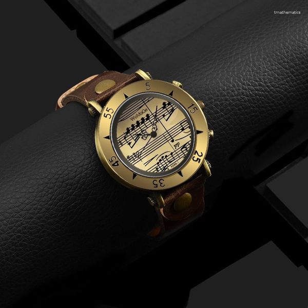 Relojes de pulsera 2023 Reloj de mujer de cuero vintage Creativo Redondo Nota de oro Dial Cuarzo Moda Reloj de mujer Regalo