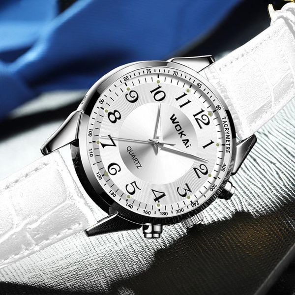 Relojes de pulsera 2023 WOKAI Relojes para hombres Top Casual Deportes Banda de cuero blanca Cuarzo Precio bajo