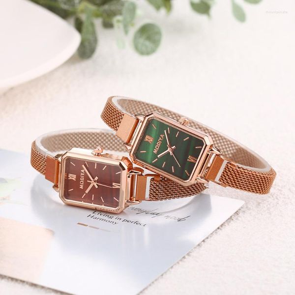 Relojes de pulsera 2023 para mujer, relojes cuadrados a la moda para mujer, reloj de cuarzo, conjunto de pulsera, esfera verde, malla de oro rosa Simple de lujo