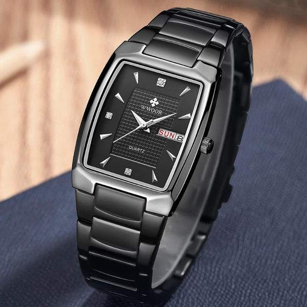Montres-bracelets 2023 WWOOR mode pleine montre noire hommes sport affaires carré Quartz horloge mâle acier étanche semaine et Date Reloj Hombre