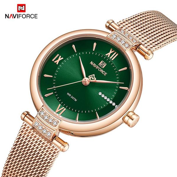 Relojes de pulsera 2023NAVIFORCE Reloj para mujer Green The Face Quartz Lady Reloj de pulsera resistente al agua Oro rosa Acero inoxidable