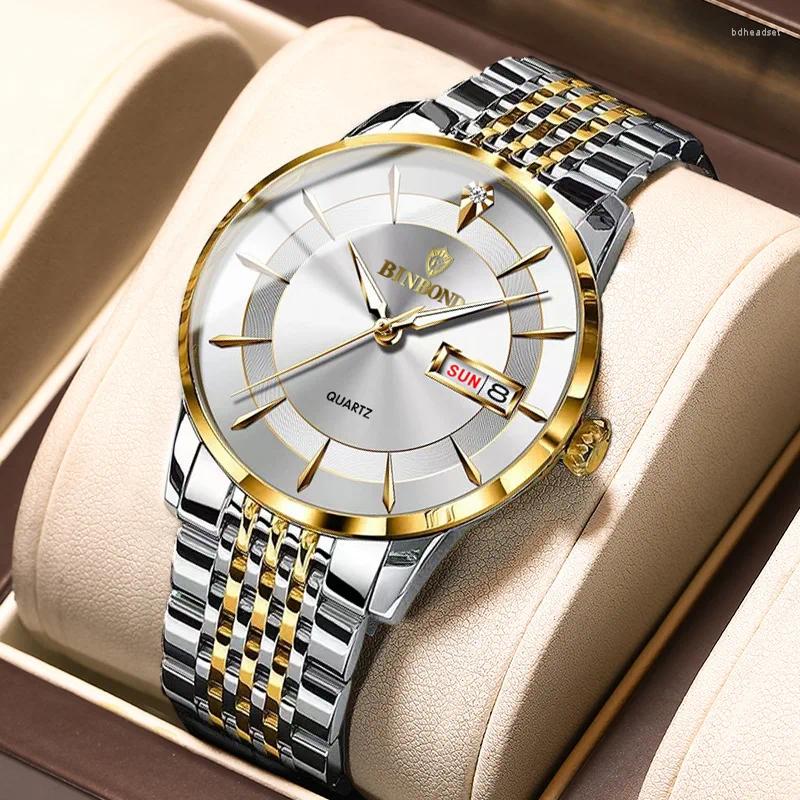Wristwatches 2024 BINBOND B2077 Business Watch For Men Luxury Original Waterproof Stainless Steel Golden Male Relogio Masculino