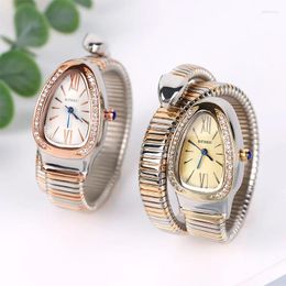 Polshorloges 2024 Drop Shining Diamond Fashion Quartz Kijk voor vrouwen Snake Design Two Loop Bracelet Watches Gold Reloje Para Mujer