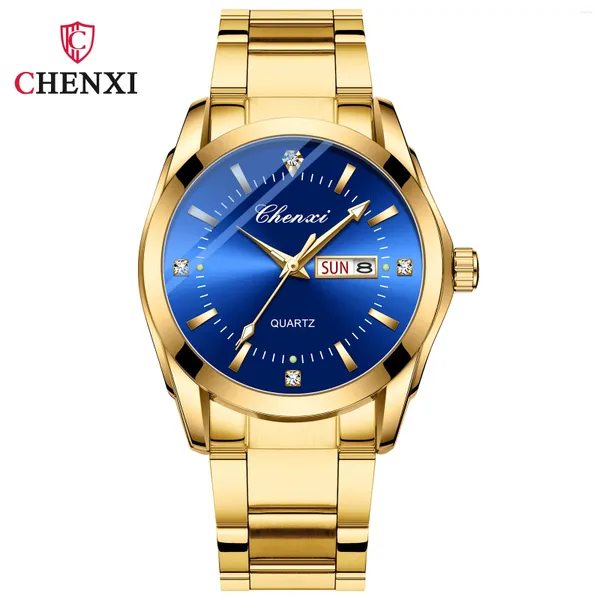 Montre-bracelets 2024 Fashion Chenxi Sets Golden Full en acier inoxydable Robe de luxe de luxe Watch pour un couple imperméable pour hommes et femmes montres