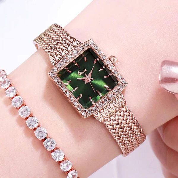 Montres-bracelets 2024 Mode Gedit Top Marque Mesh Acier Rétro Carré Femmes Luxueux Diamant Incrusté Haut De Gamme Sens Quartz Cadeaux Montres-bracelets