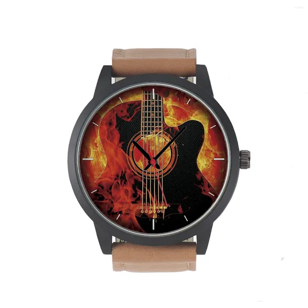 Relojes de pulsera 2024 Flame Guitar Design Cool Dial Moda Decorativa Batería para hombres Reloj de pulsera de cuarzo electrónico Regalos para músico