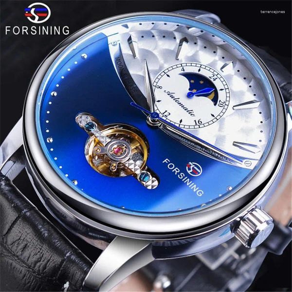 Relojes de pulsera 2024 Forsining Relojes para hombre Automático Mecánico Tourbillon Reloj deportivo Volante Multifunción Pantalla de luna Muñeca de cuero