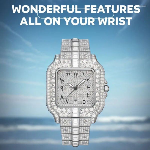 Montre-bracelets 2024 Hip Hop Iced Out Quartz Watch for Men Full Diamond Mens Watches Classic Square Male Horloge imperméable Montre Homme