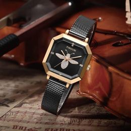 Relojes de pulsera 2024-Luxury Lady Cuarzo Pulsera Reloj Diamond-Set Bee Dial Acero inoxidable Alambre duro Correa de malla Banda Mujer Reloj de pulsera Carnaval