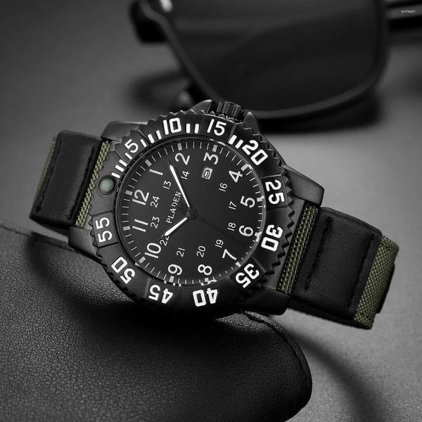 Montre-bracelets 2024 Pladen Sports Men's Green Watches Fashion Luminous Nylon Strap Quartz Wristwatch Military Cool Man Watch Drop