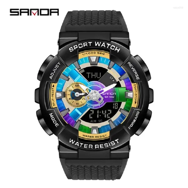 Montre-bracelets 2024 Sanda 9004 Style Hand Lift Lamp Fonction Creative Personality Men's Double Double Display Synchronous Motion Electronic Watch