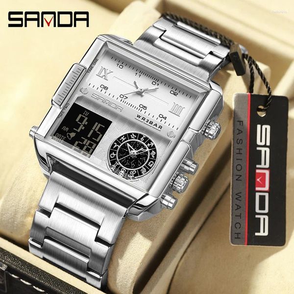 Montre-bracelets 2024 Sanda 9008 HOMMES MONTRES MARCHES MALLES MALLES MOLION DUAL TEMPS DIGITAL Quartz Stopwatch Alarms Alarms Watch Watch imperméable