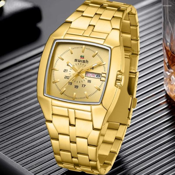 Relojes de pulsera 2024 SWISH Relojes de lujo para hombres de negocios Relojes de cuarzo de oro Reloj cuadrado deportivo de acero inoxidable Semana y fecha a prueba de agua Relogio