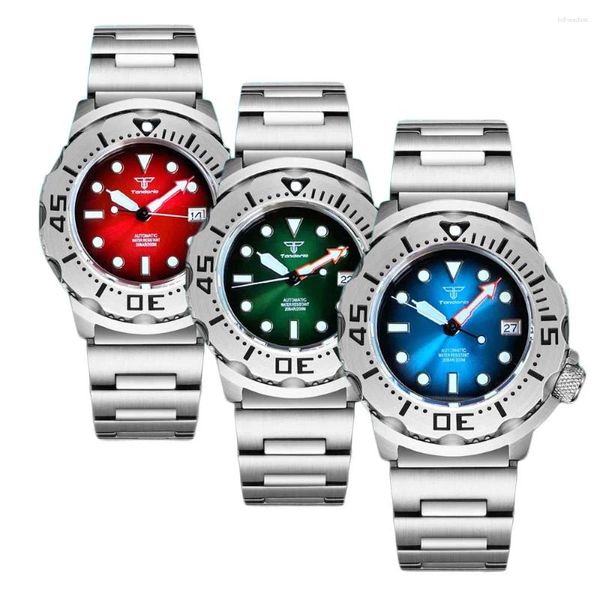 Relojes de pulsera 20bar Tandorio Monster Knight Diver Steel Mechanical Men Watch Sunburst Azul / Verde / Rojo S NH36 Movt Pulsera Zafiro