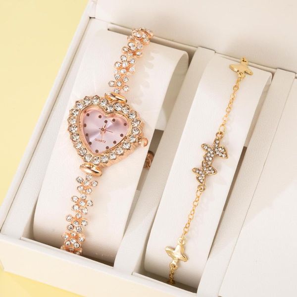 Relojes de pulsera, 2 uds., bonito reloj de pulsera para mujer, cuarzo, moda, corazón, mariposa, acero, pulseras de diamantes, relojes para mujer