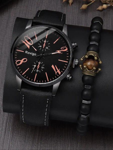 Montre-bracelets 2pcs Business Fashion Business Casual Men's Polydoule's Round Round Quartz Watch avec un ensemble de bracelet perlé